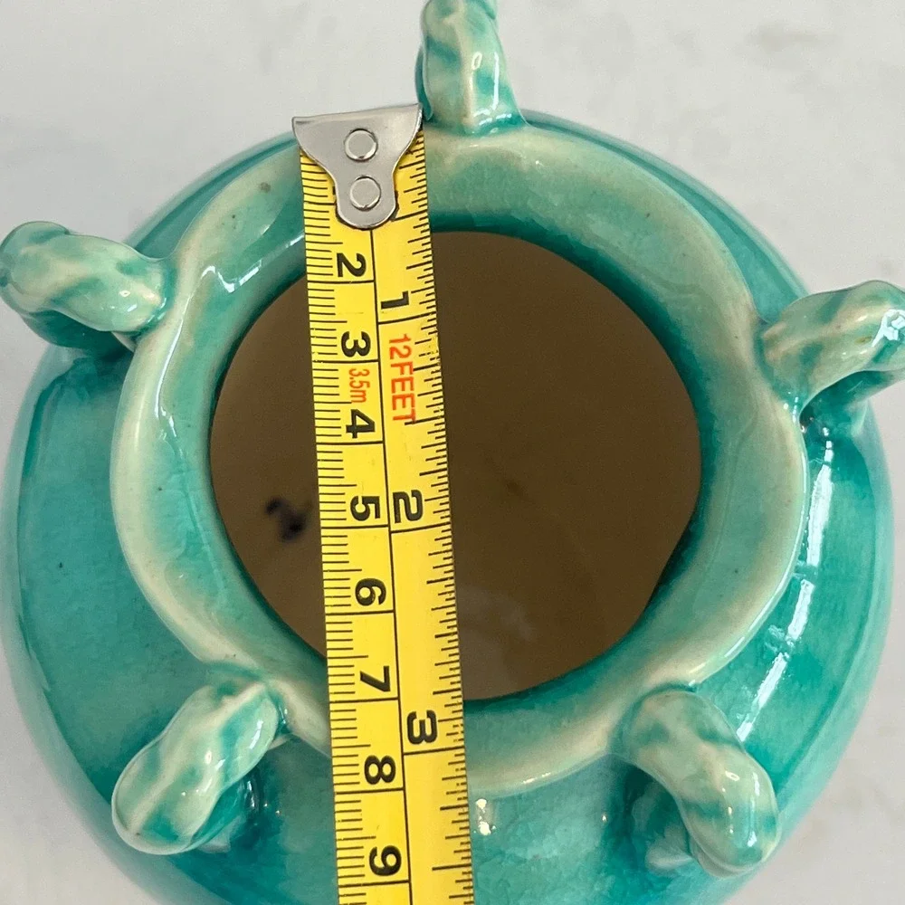 Handcrafted Ceramic Vase‎ Turquoise Glaze Handles Made in Vietnam Home Decore